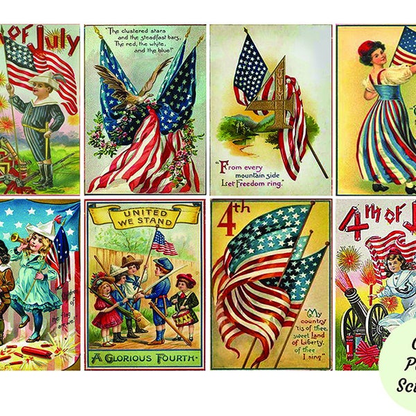 4th of July cards patriotic digital download, 2.5" x3.5"  8 styles vintage printable fourth of July. 4th of July decorations assemblage art