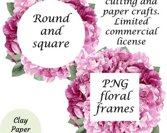 Pink hydrangeas watercolor digital frame for clipart and paper crafts. Png file with a transparent background and center square for text