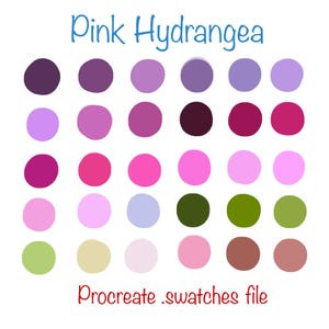 May include: A collection of pink and purple color swatches in a grid pattern, with the text "Pink Hydrangea" in blue script at the top. The text "Procreate .swatches file" is written in red script at the bottom.