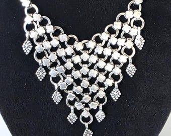 Vintage Indian Sterling Silver Bib Necklace 925 Boho Statement Fringe Collar Artisan Lattice Floral