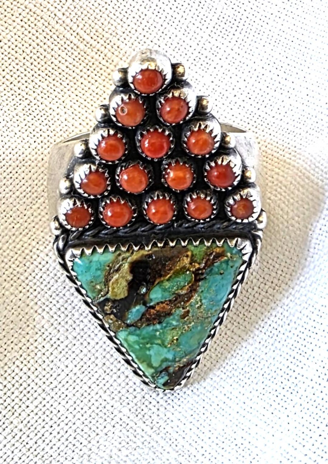 Vintage Navajo Sterling Silver Turquoise & Coral Cluster Ring – Size 11 ...