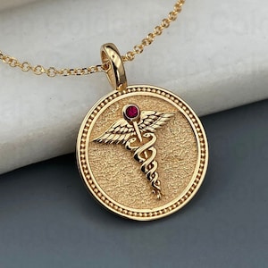14k solid gold pendant with natural ruby, Caduceus Necklace, Pesronalized Caduceus Pendant, Caduceus Symbol of Medicine, Medical pendant