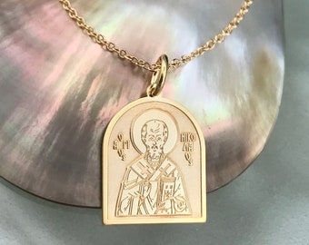 Pendentif Saint-Nicolas en or massif 14 carats, pendentif icône pour femme et homme, pendentif fin avec gravure