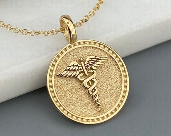 14k massivem Goldanhänger, Caduceus-Halskette, Pesronalized Caduceus-Anhänger, Caduceus-Symbol der Medizin, medizinischer Anhänger