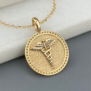 14k solid gold pendant, Caduceus Necklace, Pesronalized Caduceus Pendant, Caduceus Symbol of Medicine, Medical pendant