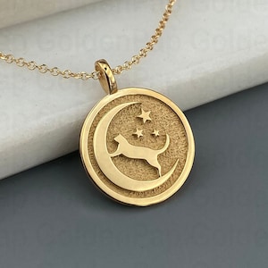 14k solid gold moon pendant, Gold Moon with cat Jewelry, Crescent Moon Necklace, Crescent Moon Pendant, cat pendant, charm with cat