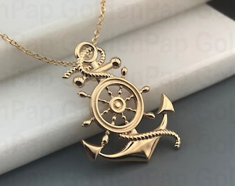 14k solid gold pendant with Αnchor & Nautical Steering Wheel