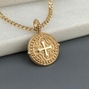 14k solid gold pendant, religious pendant with cross