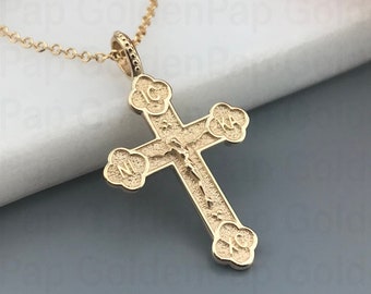 14k solid gold cross with the crucified, double sided cross with Jesus Christ