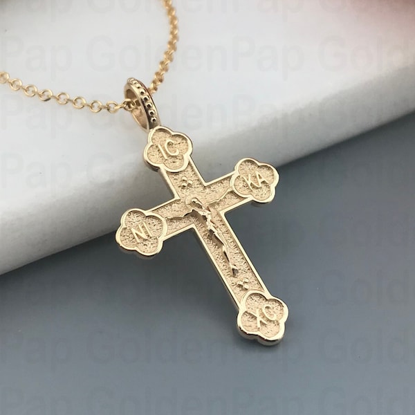 Croce in oro massiccio 14k con la croce crocifissa a doppia faccia con Gesù Cristo