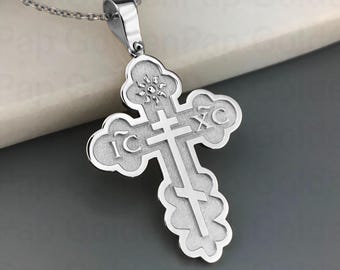 14k solides Weißgoldkreuz, kyrillisches Kreuz für Männer und Frauen