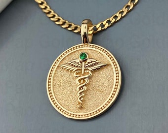 14k solid gold pendant with natural emerald, Caduceus charm, Pesronalized Caduceus Pendant, Caduceus Symbol of Medicine, Medical pendant