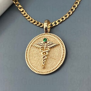 14k solid gold pendant with natural emerald, Caduceus Necklace, Pesronalized Caduceus Pendant, Caduceus Symbol of Medicine, Medical pendant