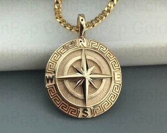 14k solid gold pendant compass, pendant for men and women, compass witg  Meander, pendant with greek key