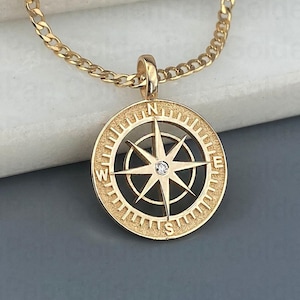 14k solid gold pendant compass with real diamond, pendant for women and men, personalization pendant