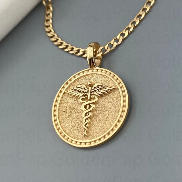 14k solid gold pendant, Caduceus Necklace, Pesronalized Caduceus Pendant, Caduceus Symbol of Medicine, Medical pendant