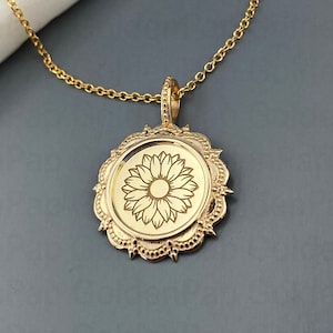 14k solid gold pendant, Sunflower Necklace, Personalized Sunflower Pendant, Gold Sunflower charm, sunflower jewelry