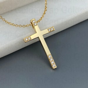 14k solid gold cross, baptismal cross, solid gold cross with real Diamonds
