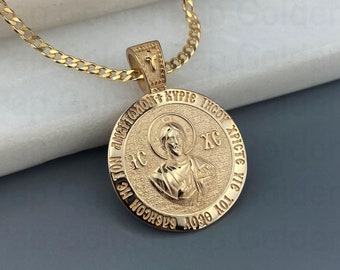 14k solid gold pendant, Double sided pendant, religious pendant, Jesus Christ pendant