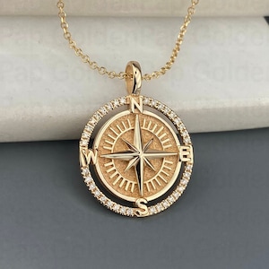 14k solid gold pendant compass with diamonds, diameter 2.1cm, pendant for women and men, personalization pendant