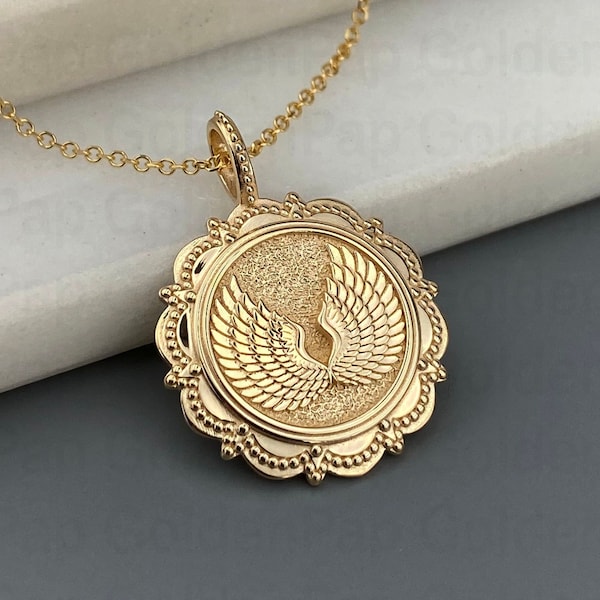 14k solid gold pendant with angel wings, angel wings necklace, solid gold jewelry with angel wings