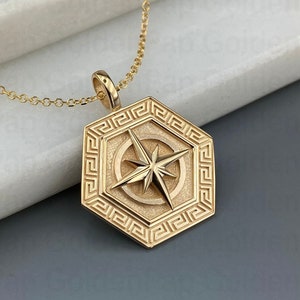 14k solid gold pendant compass, gold medallion, compass medallion, pendant for women and men