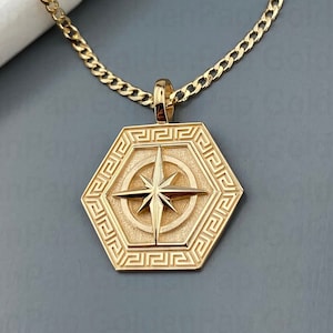 14k solid gold pendant compass, gold medallion, compass medallion, pendant for women and men