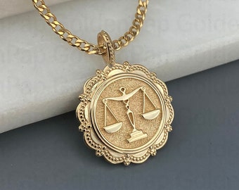 14k solid gold libra pendant, libra jewels, Scale of Justice Necklace, Lawyer Necklace Charm, Libra Scales Disc