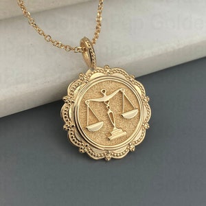 14k solid gold libra pendant, libra jewels, Scale of Justice Necklace, Lawyer Necklace Charm, Libra Scales Disc