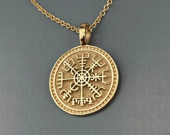 Ciondolo vichingo Vegvisir in oro massiccio 14k, ciondolo Vegvisir personalizzato, bussola vichinga d'oro, fascino bussola nordica, gioielli Vegvisir