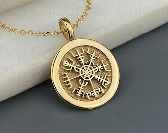 Ciondolo vichingo Vegvisir in oro massiccio 14k, ciondolo Vegvisir personalizzato, bussola vichinga d'oro, fascino bussola nordica, gioielli Vegvisir