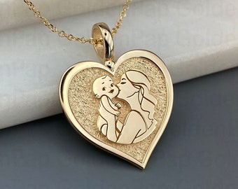 14k / 9k  solid gold pendant with mom and baby, charm for new mom, gold necklace for mother, baby charm, gold baby necklace