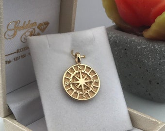 NEW 14k solid gold pendant compass, diameter 1.8cm