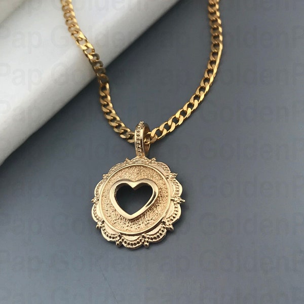 Pingente em ouro maciço 14k com formato de coração, diâmetro 1,5 cm, pingente feminino