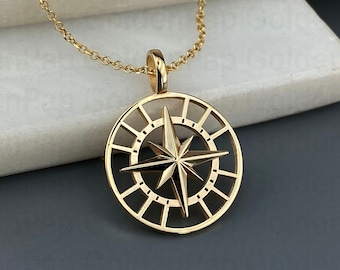 NEW 14k solid gold pendant compass, diameter 2cm, compass jewelry, compass charm