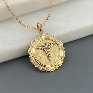14k solid gold pendant, Caduceus Necklace, Pesronalized Caduceus Pendant, Caduceus Symbol of Medicine, Medical pendant