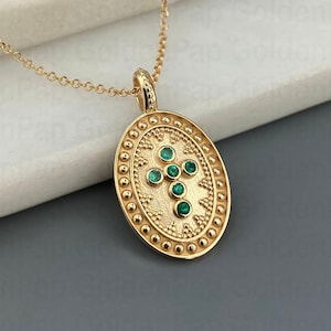 14k solid Gold pendant with natural emeralds,  traditional necklace with cross, religious necklace