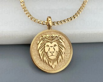 14k massiver Goldanhänger mit Löwengesicht, Löwenjuwelen, Löwencharme, Goldlöwenanhänger