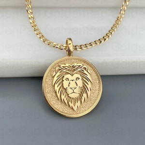 14k solid gold pendant with lion face, lion jewels, lion charm, gold lion pendant