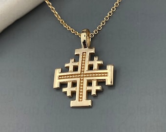 14k solid gold pendant, Jerusalem pendant, religious pendant for men and women, cross pendant