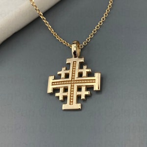 14k solid gold pendant, Jerusalem pendant, religious pendant for men and women, cross pendant