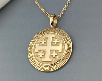 14k solid gold pendant, Jerusalem pendant, religious pendant for men and women, cross pendant