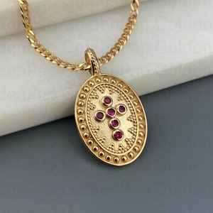 14k Massivgoldanhänger mit natürlichen Rubinen, traditionelle Halskette mit Kreuz, religiöse Halskette