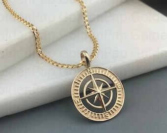 14k massiver Goldanhänger Kompass, personalisierter Anhänger für Männer und Frauen