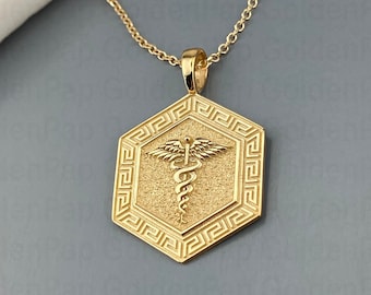 14k solid gold pendant, Caduceus Necklace, Pesronalized Caduceus Pendant, Caduceus Symbol of Medicine, Medical pendant