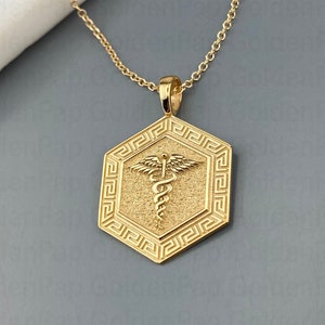 14k solid gold pendant, Caduceus Necklace, Pesronalized Caduceus Pendant, Caduceus Symbol of Medicine, Medical pendant
