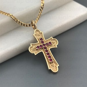 14k solid gold cross with natural rubies