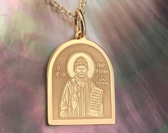 Pendentif Saint Porfyrios en or 14 carats, pendentif icône pour femme et homme, pendentif fin avec gravure