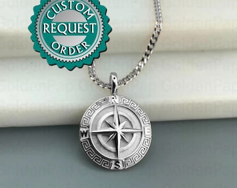 CUSTOM 14k solid white gold pendant compass, pendant for men and women, compass witg  Meander, pendant with greek key