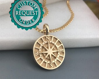 CUSTOM, 14k solid gold pendant compass, without chain